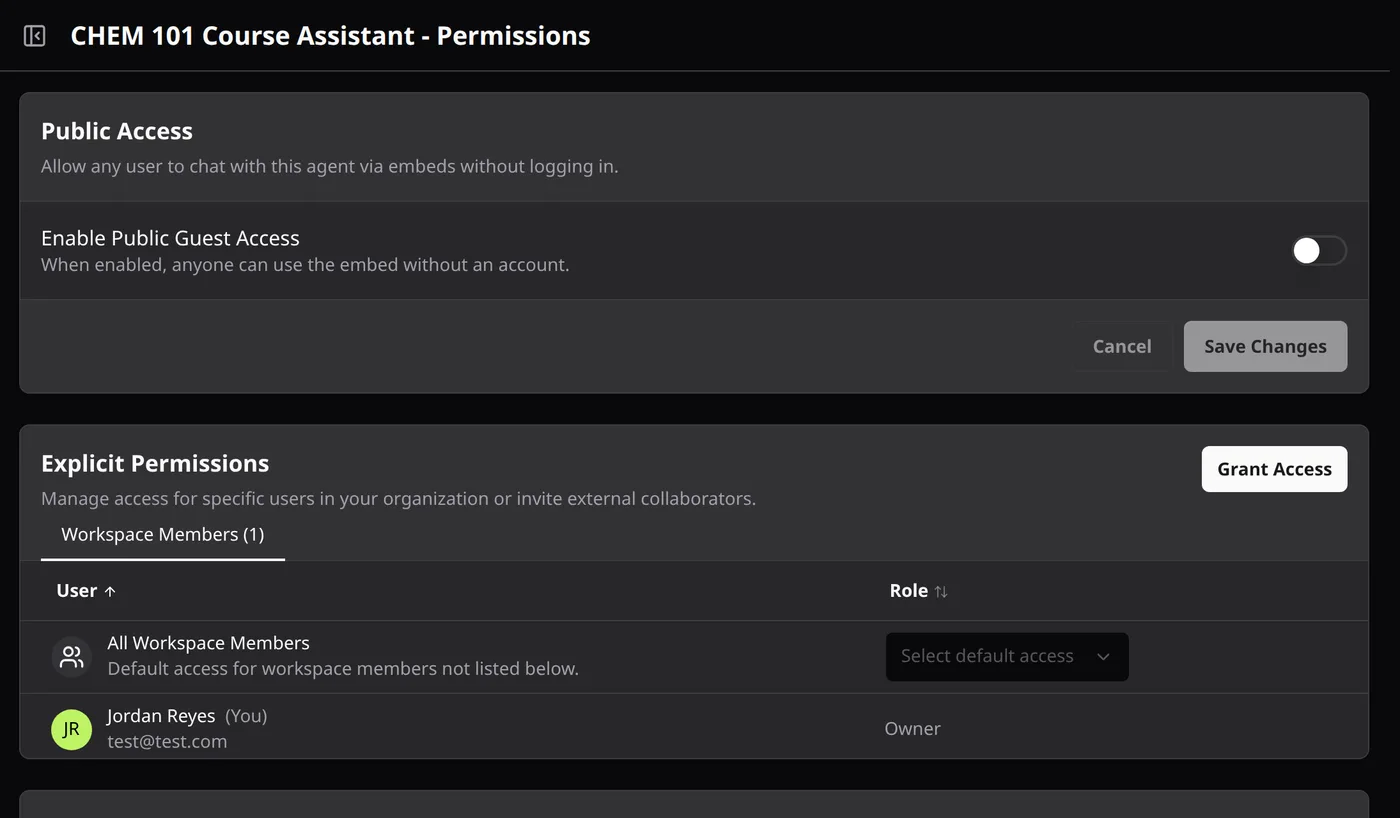 Permissions page for the CHEM 101 Course Assistant. Public guest access is switched off. An Explicit Permissions table lists All Workspace Members with a default-access dropdown and the owner Jordan Reyes, with a Grant Access button. Below, Agent Role Definitions describe Owner and Editor roles as sets of granular permissions such as agent:chat, agent:manage, and agent:roles:manage.