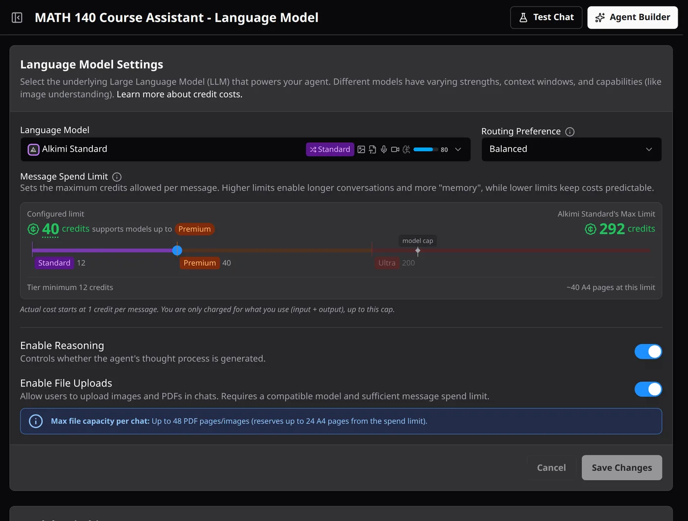 Language Model settings for the MATH 140 Course Assistant: Alkimi Standard selected with Balanced routing, a message spend limit slider set to 40 credits, and toggles for reasoning and file uploads.