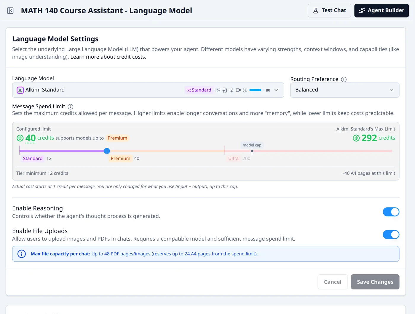 Language Model settings for the MATH 140 Course Assistant: Alkimi Standard selected with Balanced routing, a message spend limit slider set to 40 credits, and toggles for reasoning and file uploads.