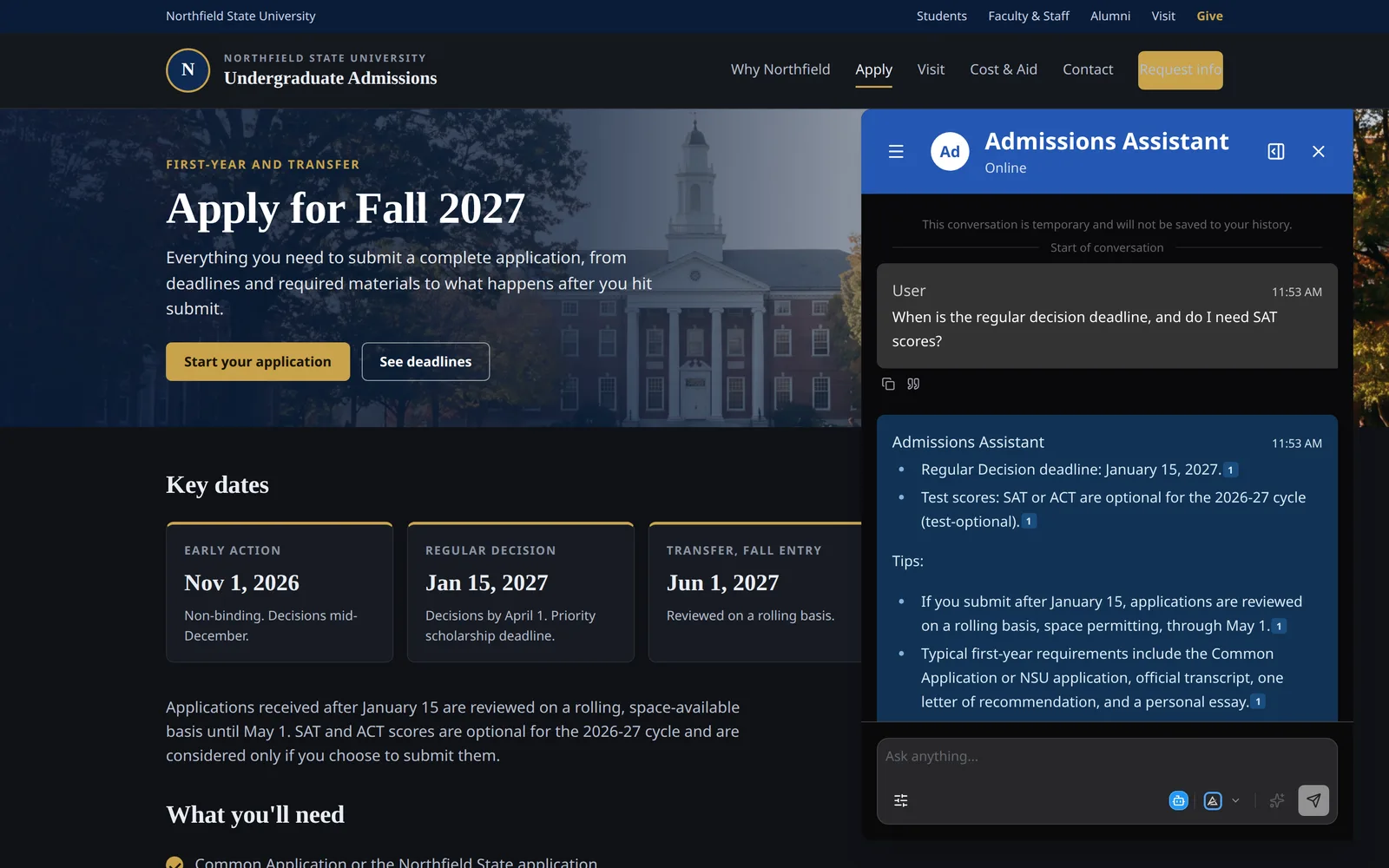 A fictional Northfield State University undergraduate admissions page titled Apply for Fall 2027, with a photo of a brick campus hall behind the headline and Key Dates cards for Early Action, Regular Decision, and Transfer below. The Alkimi chat widget is open over the right side as a signed-out visitor. The visitor asks when the regular decision deadline is and whether SAT scores are needed; the Admissions Assistant answers January 15, 2027 and test-optional, with numbered citations to the office’s source document.