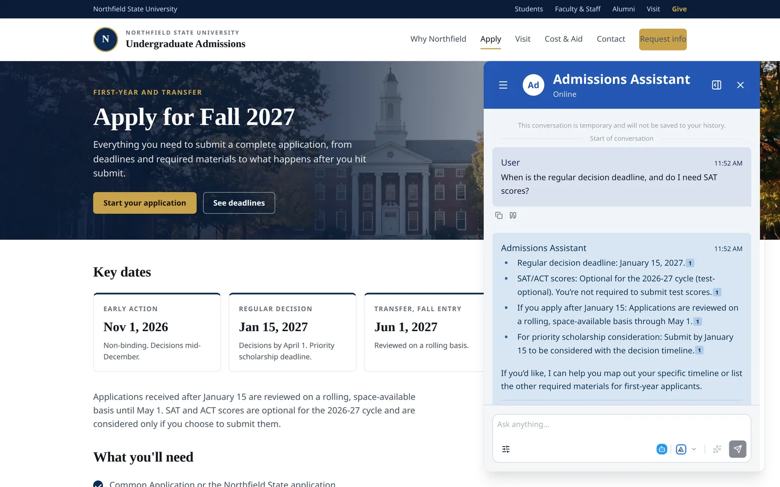 A fictional Northfield State University undergraduate admissions page titled Apply for Fall 2027, with a photo of a brick campus hall behind the headline and Key Dates cards for Early Action, Regular Decision, and Transfer below. The Alkimi chat widget is open over the right side as a signed-out visitor. The visitor asks when the regular decision deadline is and whether SAT scores are needed; the Admissions Assistant answers January 15, 2027 and test-optional, with numbered citations to the office’s source document.