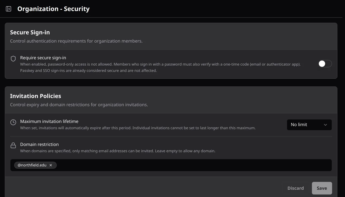 Organization Security page with Require secure sign-in enabled, a maximum invitation lifetime setting, and a domain restriction limiting invitations to @northfield.edu addresses.