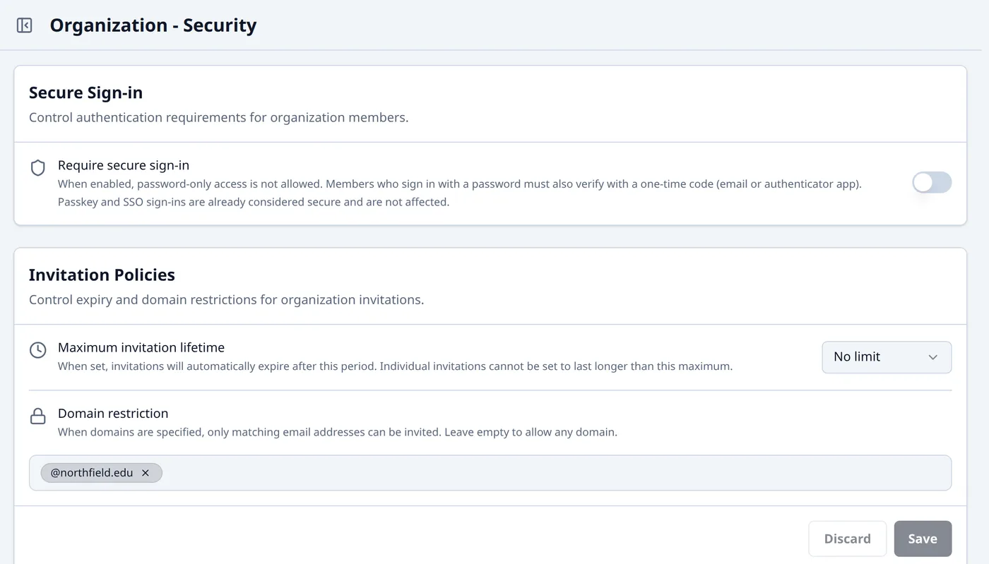 Organization Security page with Require secure sign-in enabled, a maximum invitation lifetime setting, and a domain restriction limiting invitations to @northfield.edu addresses.