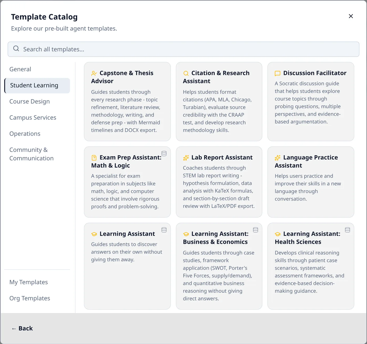 Template Catalog dialog with categories General, Student Learning, Course Design, Campus Services, Operations, and Community & Communication down the left. The Student Learning tab shows cards for Capstone & Thesis Advisor, Citation & Research Assistant, Discussion Facilitator, Exam Prep Assistant, Lab Report Assistant, Language Practice Assistant, and Learning Assistant variants for Business & Economics and Health Sciences, each with a one-paragraph description.