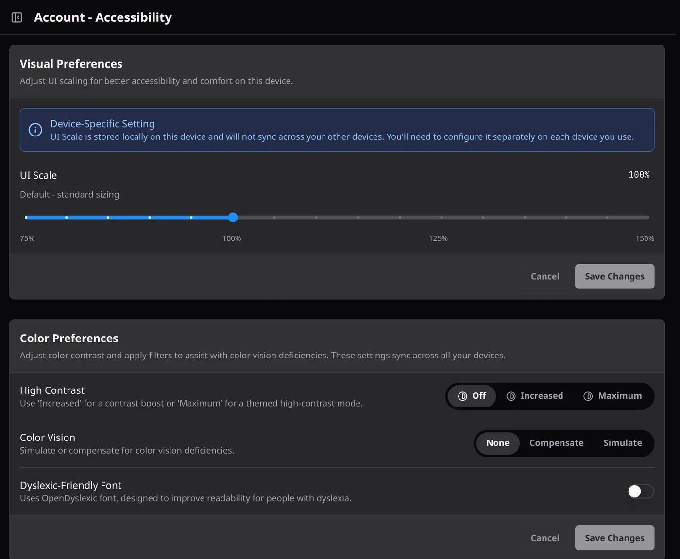 Account Accessibility settings. Visual Preferences has a UI Scale slider from 75% to 150% set to 100%, noted as a device-specific setting. Color Preferences offers High Contrast (Off, Increased, Maximum), Color Vision (None, Compensate, Simulate), and a Dyslexic-Friendly Font toggle that uses OpenDyslexic; these sync across devices.