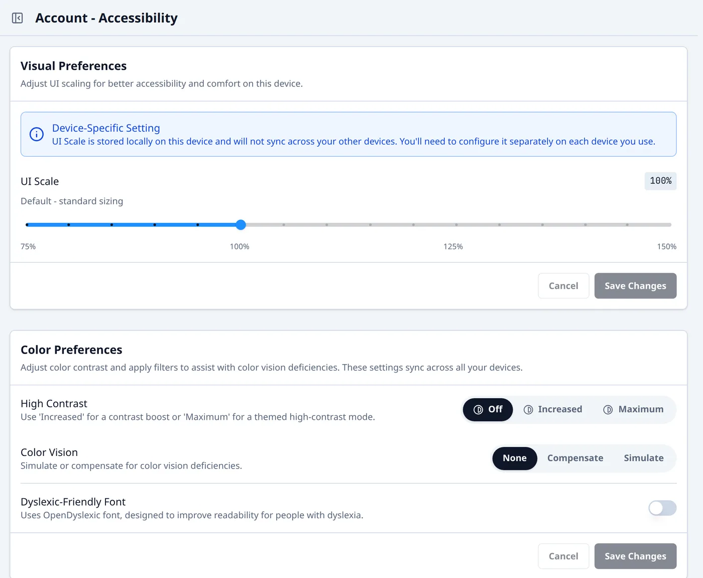 Account Accessibility settings. Visual Preferences has a UI Scale slider from 75% to 150% set to 100%, noted as a device-specific setting. Color Preferences offers High Contrast (Off, Increased, Maximum), Color Vision (None, Compensate, Simulate), and a Dyslexic-Friendly Font toggle that uses OpenDyslexic; these sync across devices.