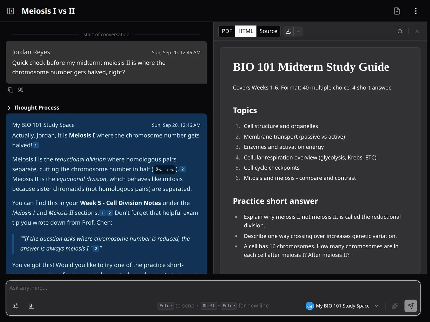 The same "Meiosis I vs II" chat with a citation opened. A side panel renders the cited BIO 101 Midterm Study Guide from the student’s notes, with PDF, HTML, and Source view tabs, beside the assistant’s answer.