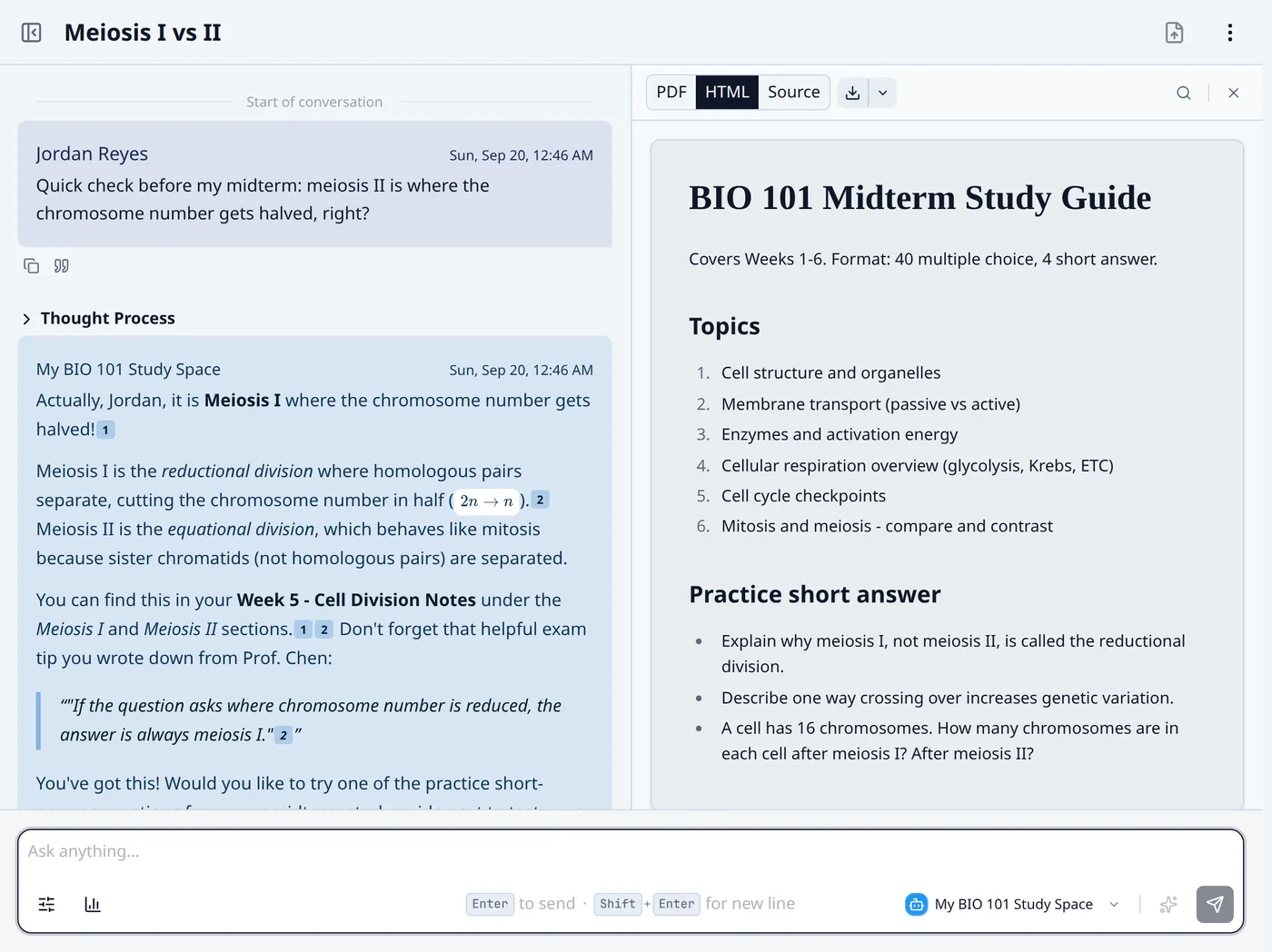 The same "Meiosis I vs II" chat with a citation opened. A side panel renders the cited BIO 101 Midterm Study Guide from the student’s notes, with PDF, HTML, and Source view tabs, beside the assistant’s answer.